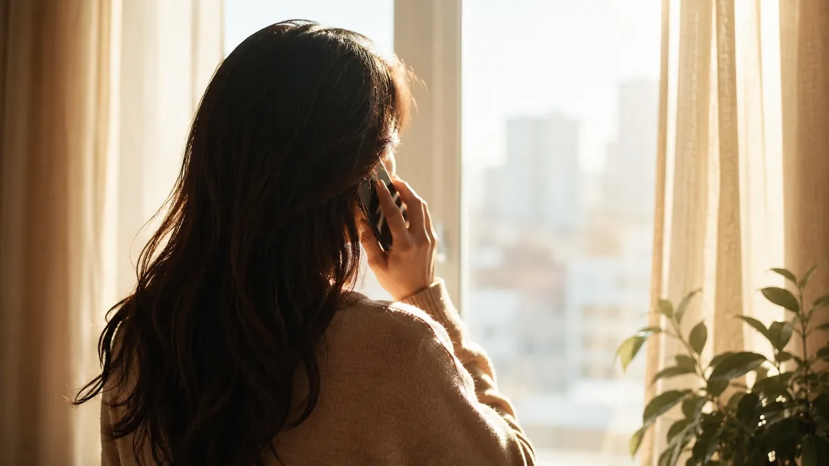 朝の光の中で探偵に浮気の相談の電話をする女性の後ろ姿