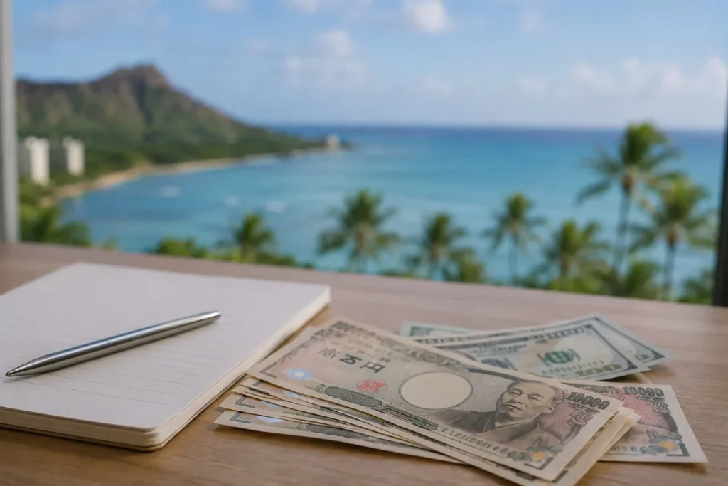 ハワイの海岸を背景に置かれた日本円と米ドル紙幣とノート｜ハワイ浮気調査の費用相場