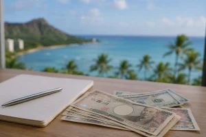 ハワイの海岸を背景に置かれた日本円と米ドル紙幣とノート｜ハワイ浮気調査の費用相場