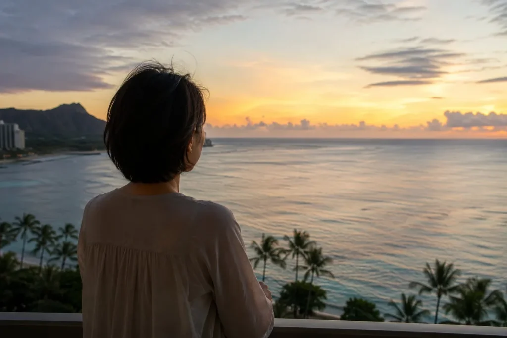 イキキの夕日を見つめるひとりの女性の後ろ姿｜ハワイ浮気調査の体験談