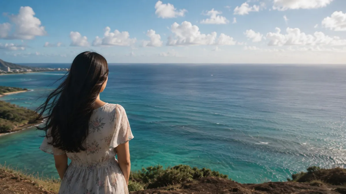 ハワイの海と、これからの生活を見据える女性のイメージ