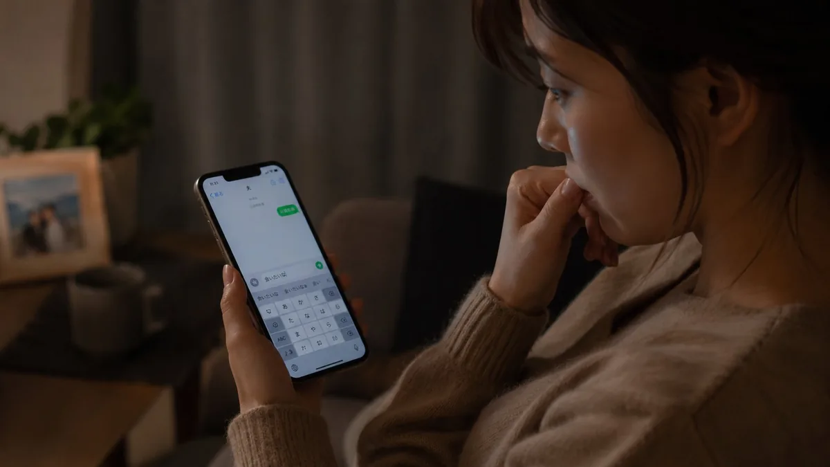 スマホを手に問い詰めるべきか悩む妻