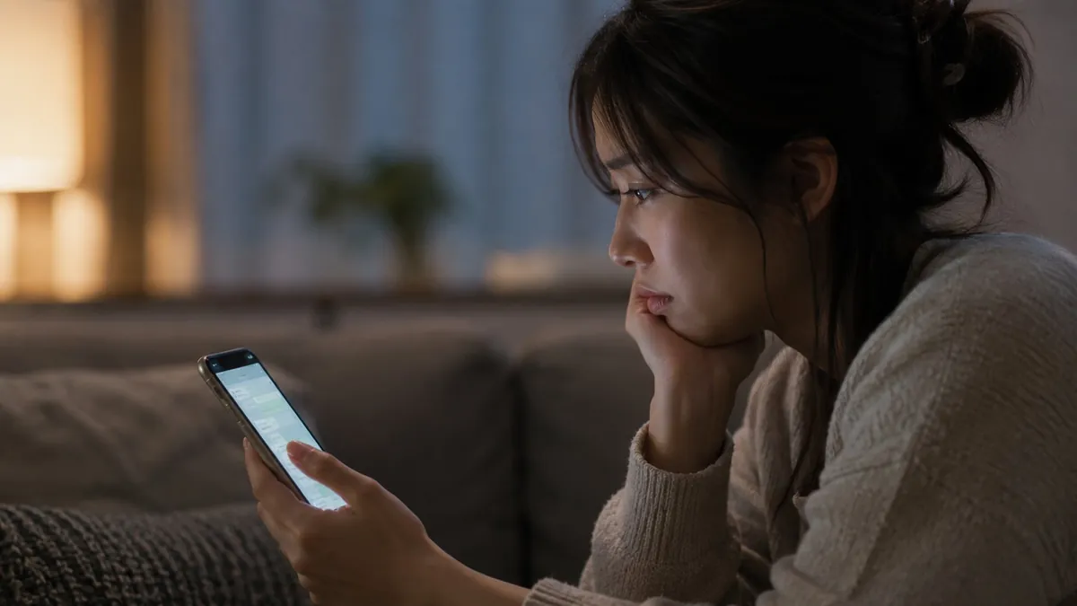 既読がつかないスマホのメッセージ画面を見つめる妻