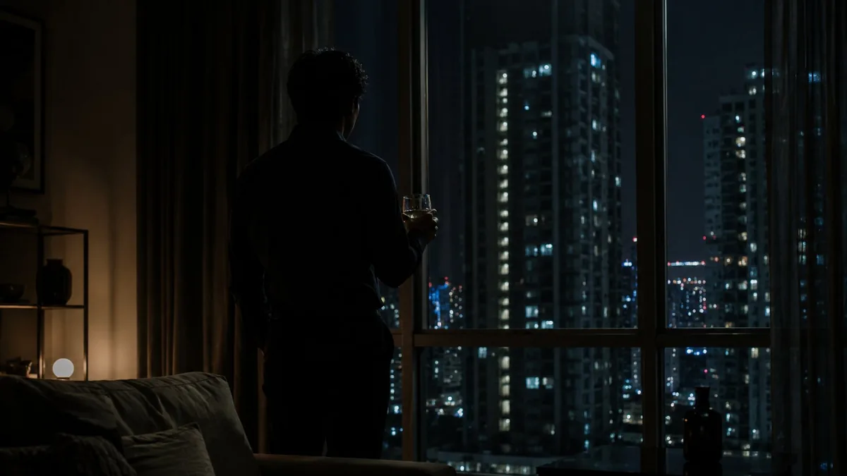 夜のコンドミニアムで一人グラスを傾ける男性のシルエット