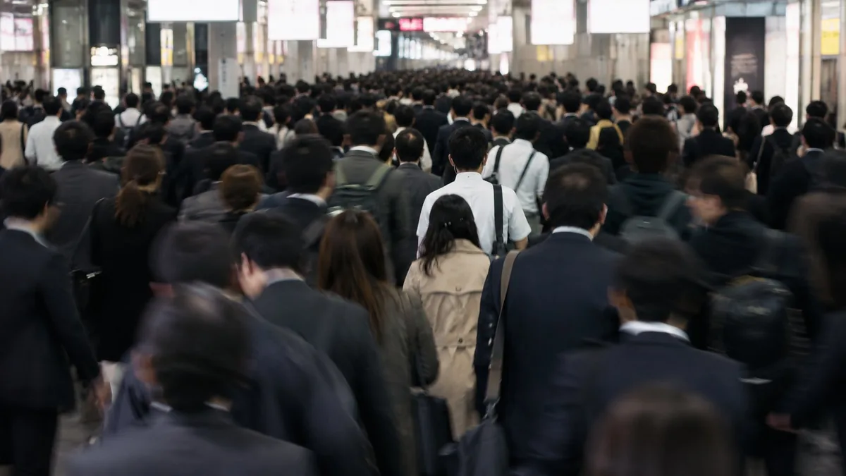 東京の人混みの駅で尾行調査をするイメージ