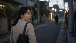 浮気調査されているか不安で夕暮れの街中で背後を振り返る女性