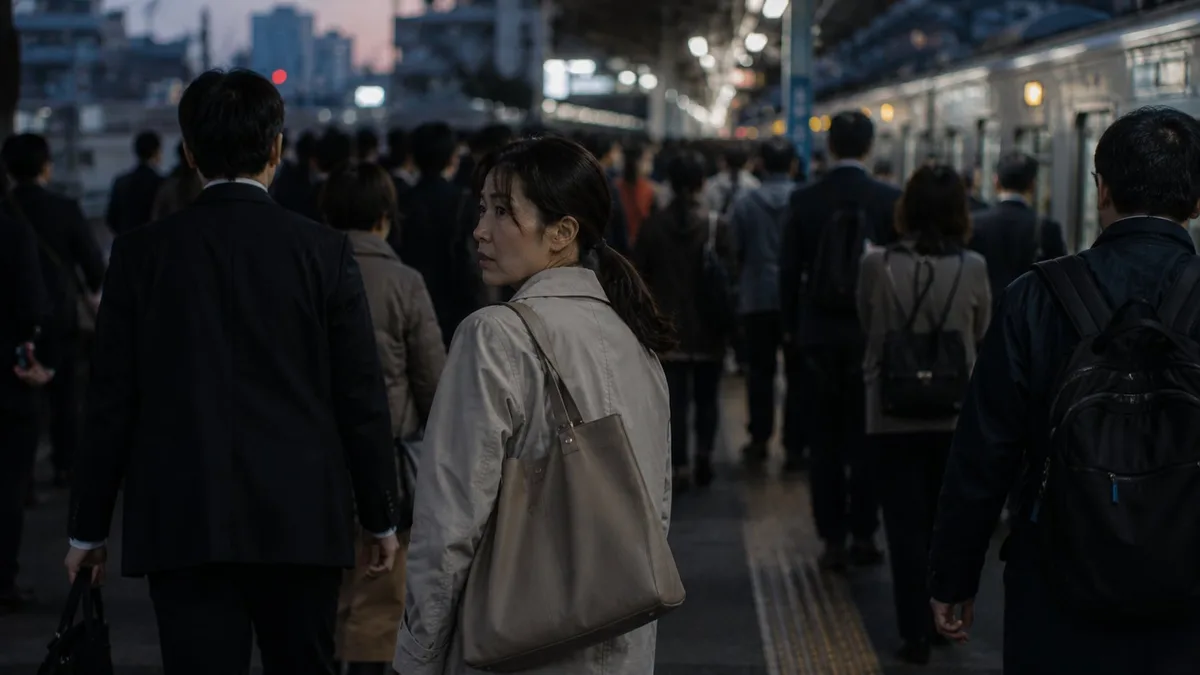 駅の人混みで尾行されているか確かめる女性