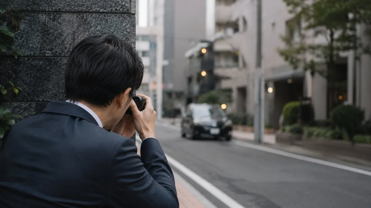 行動調査で尾行者を特定する探偵の張り込み撮影