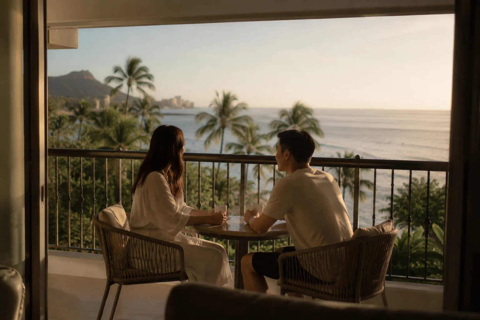 ホテルのバルコニーで向き合い会話する夫婦の後ろ姿、朝の穏やかな光