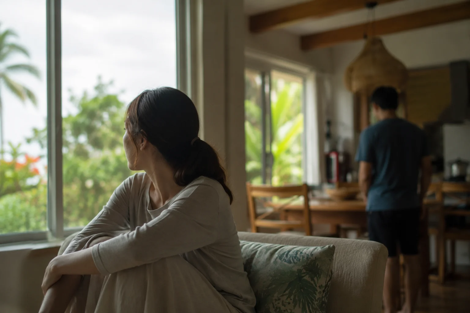 窓辺で一人考え込む女性と、背景でぼやけて見える夫の後ろ姿