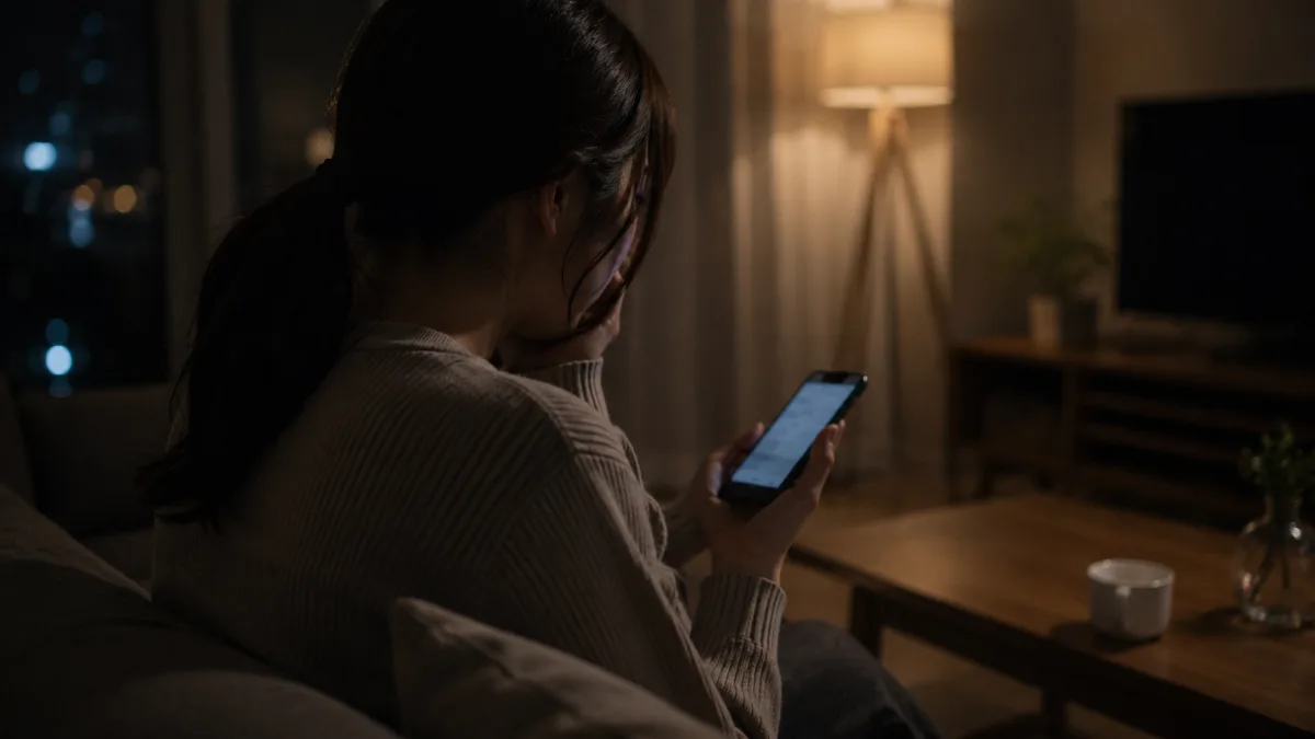 夜のリビングで夫のスマートフォンを不安そうに見つめる女性