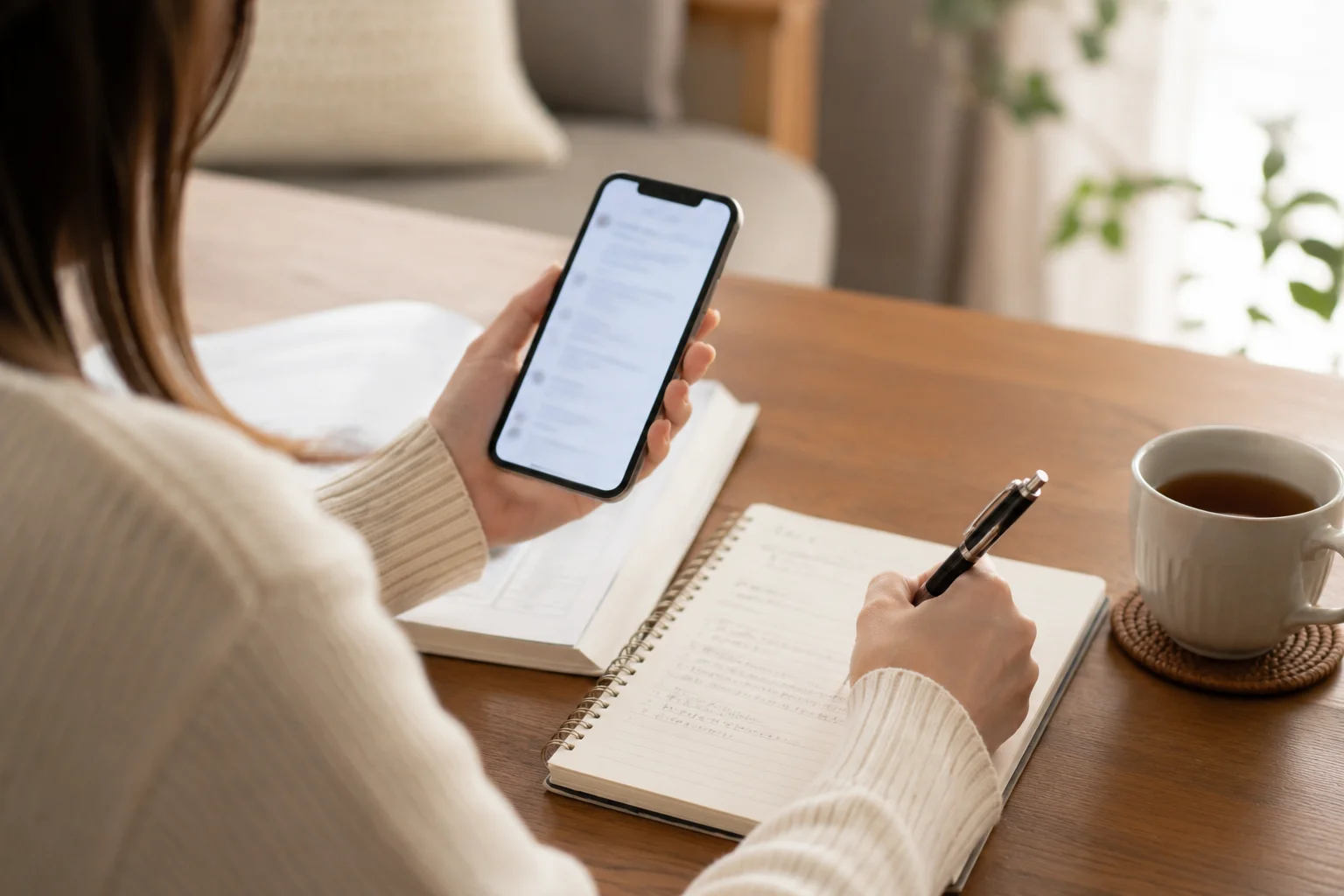 日本の自宅のリビングで、スマートフォンを片手にノートに要点をメモしながら相談内容を整理する女性の手元、よくある質問・相談をイメージした情景