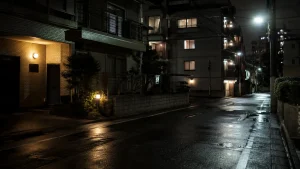 夜の住宅街の路地と集合住宅の明かり