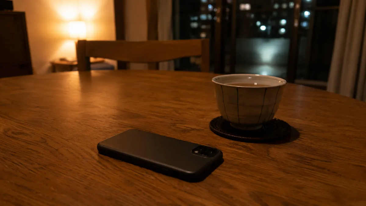 伏せて置かれたスマートフォンと夜のテーブル