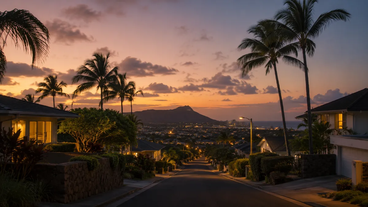 ホノルルの住宅街の夕暮れ