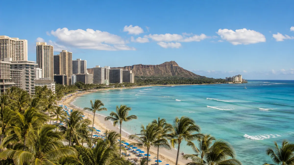 ワイキキのビーチを遠景で捉えた昼の風景