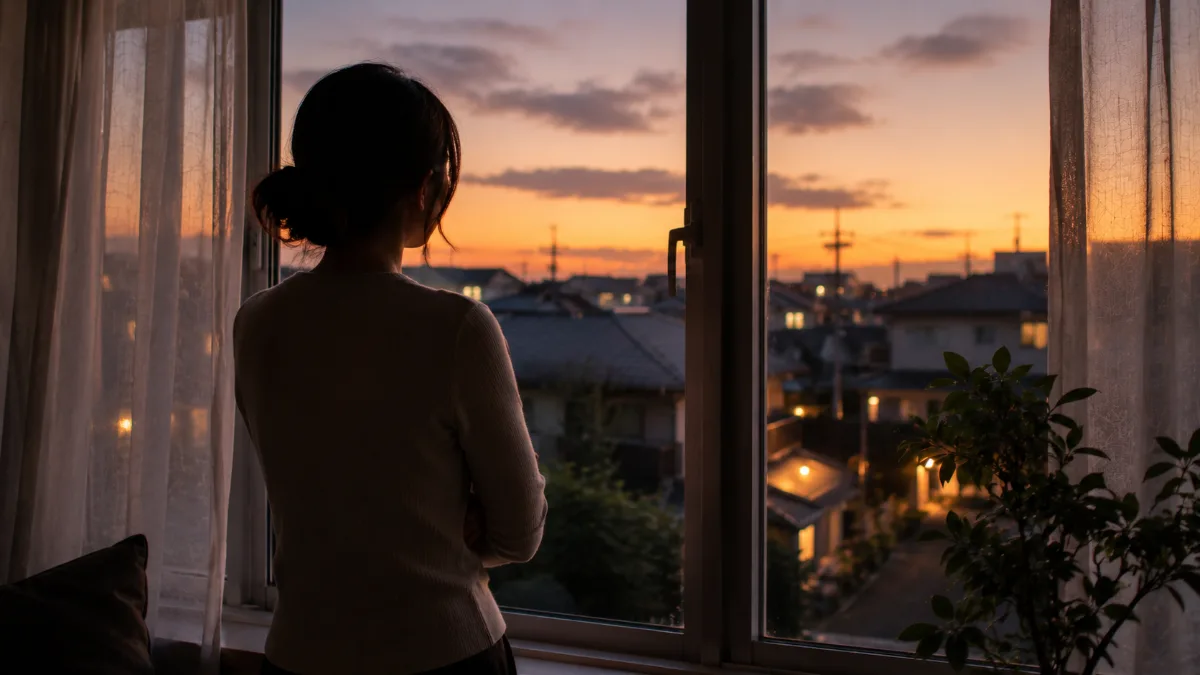 夕暮れの窓辺で考え込む女性（広尾での浮気の悩み）