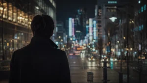 夜の繁華街を眺めて立ち止まる男性の後ろ姿