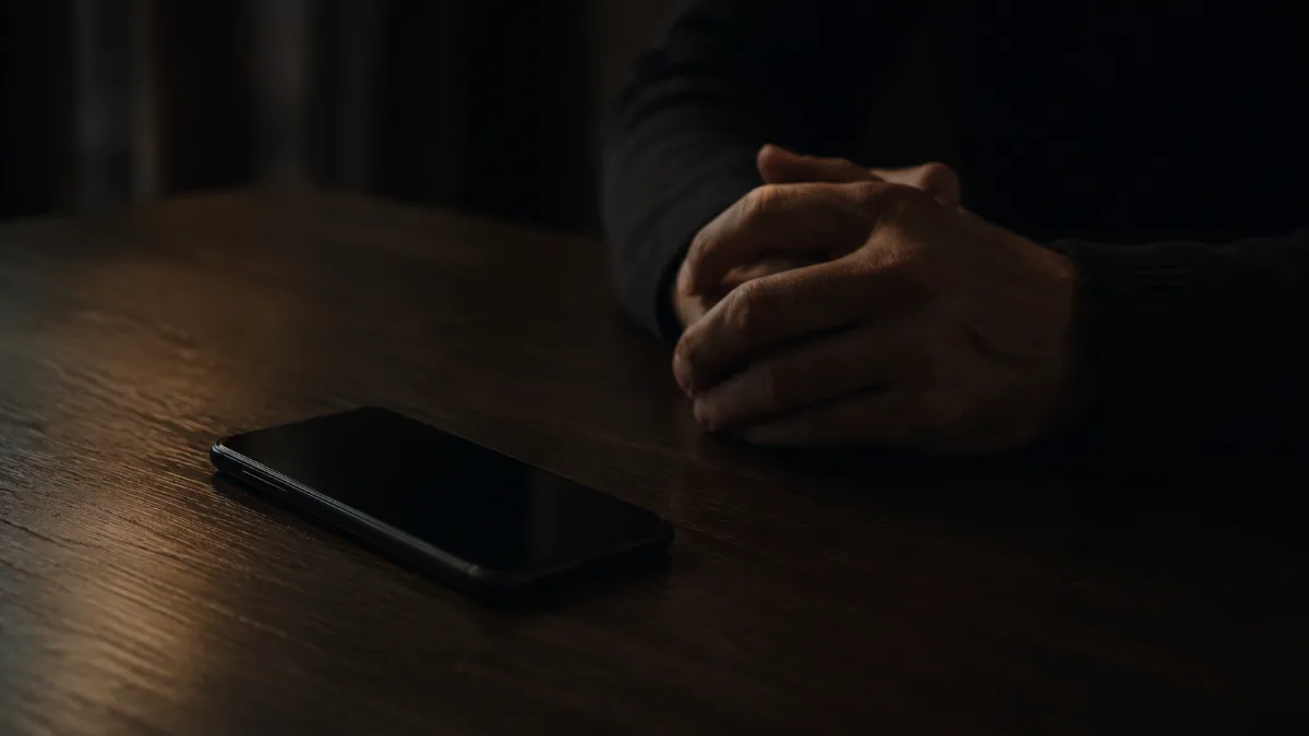 テーブルに伏せて置かれたスマートフォンと男性の手元