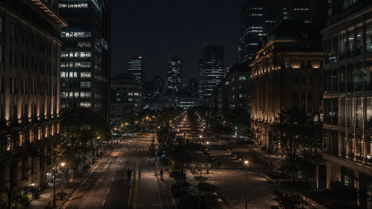 夜の街路を離れた場所から記録する探偵の視点