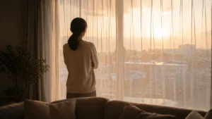 夕方の窓辺で外を静かに見つめる女性の後ろ姿。夫の浮気が許せない気持ちを抱える時間
