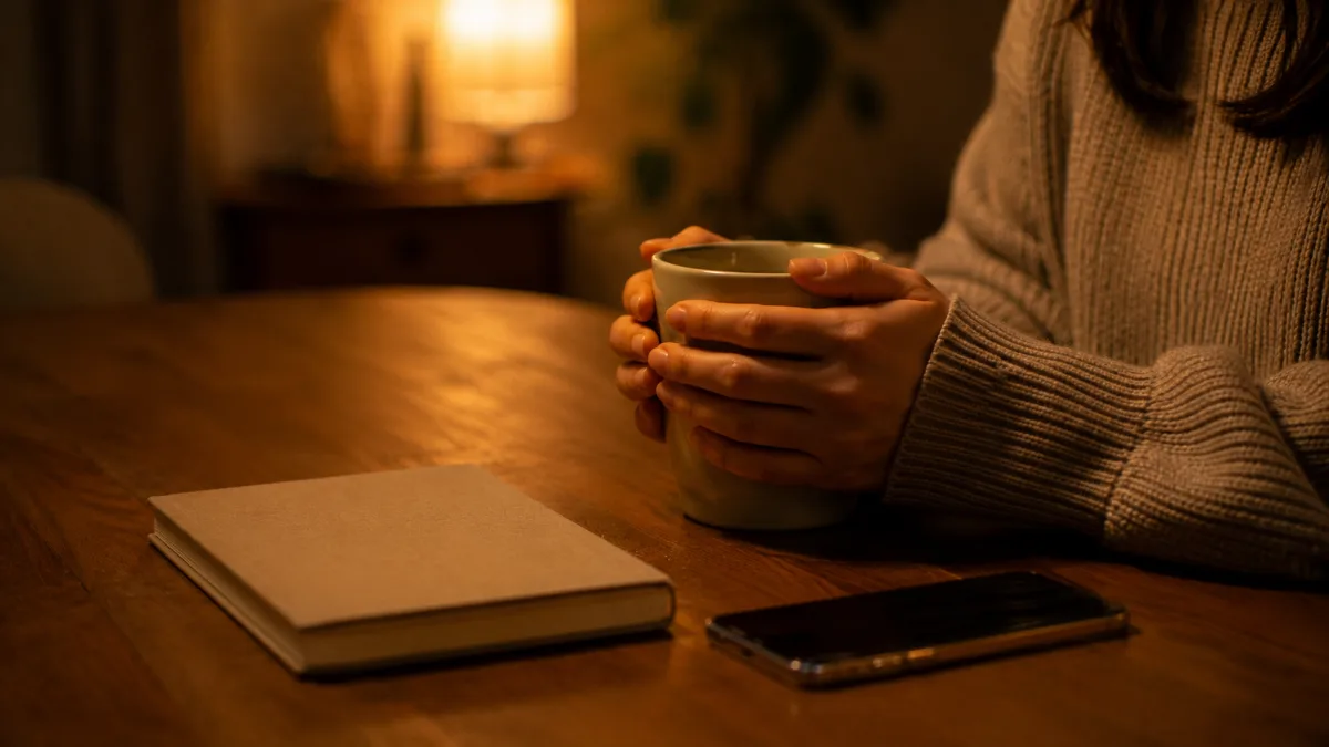 夜のテーブルで温かいマグカップを両手で包む手元。今すぐ決めずに立ち止まる時間