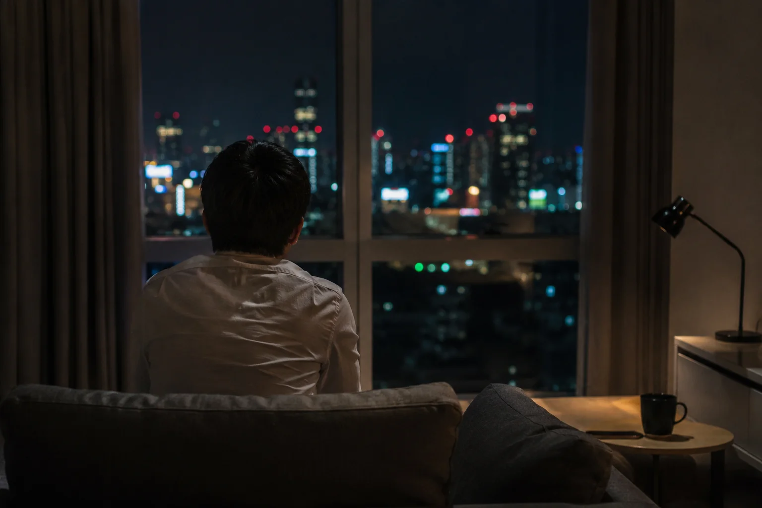 夜のマンションの一室で窓の外の夜景を一人で見つめる男性の後ろ姿、静かで孤独感のある雰囲気、単身赴任の孤独とストレスをイメージした情景