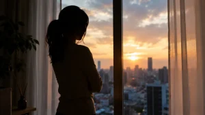 自分での浮気調査に悩む女性（夕暮れの窓辺）