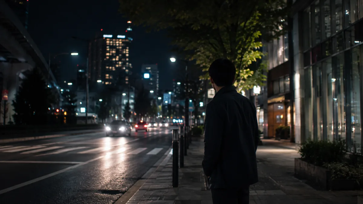 尾行に気づかれる夜の街のイメージ