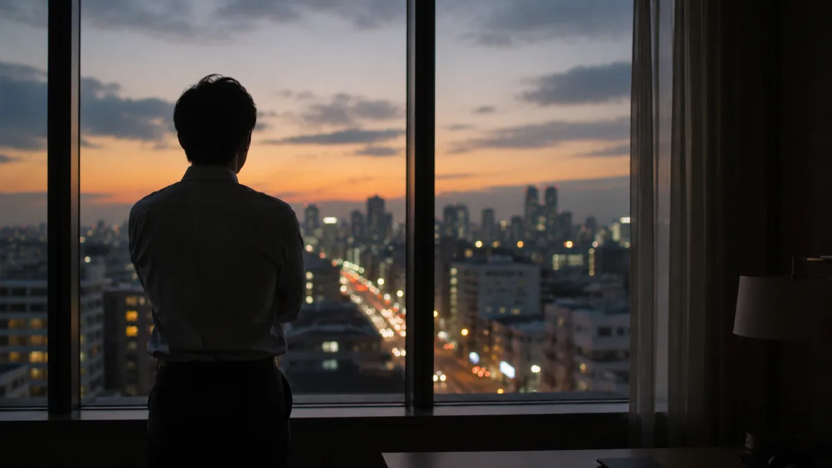 夕暮れの窓辺で外を見ている人の後ろ姿