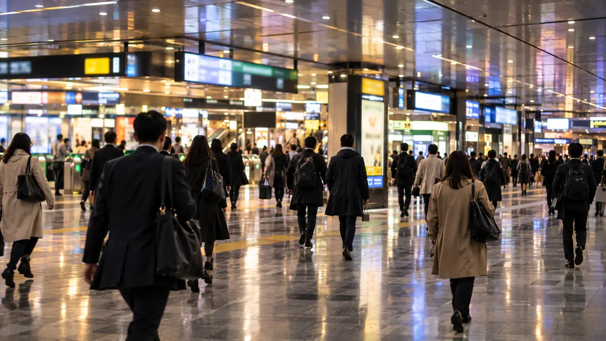 夜の駅の乗り換えコンコースで複数の方向へ分かれて歩く通勤客