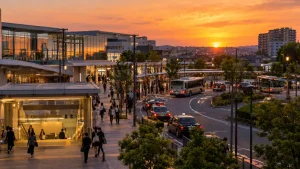 夕暮れの私鉄の駅前ロータリーと、バス・タクシー乗り場を歩く人々
