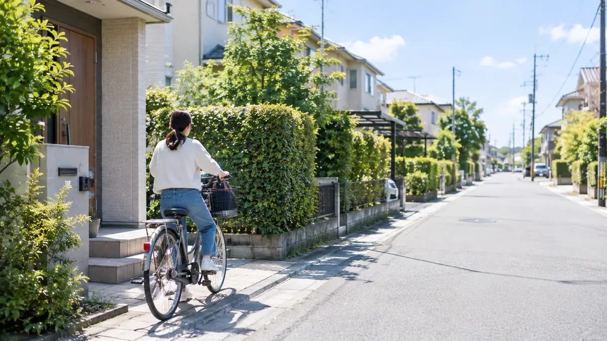 昼、住宅街の家の前から自転車で出かけようとする人の後ろ姿