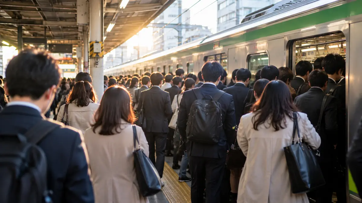 朝の通勤ラッシュで、駅のホームに密集する通勤客の背中