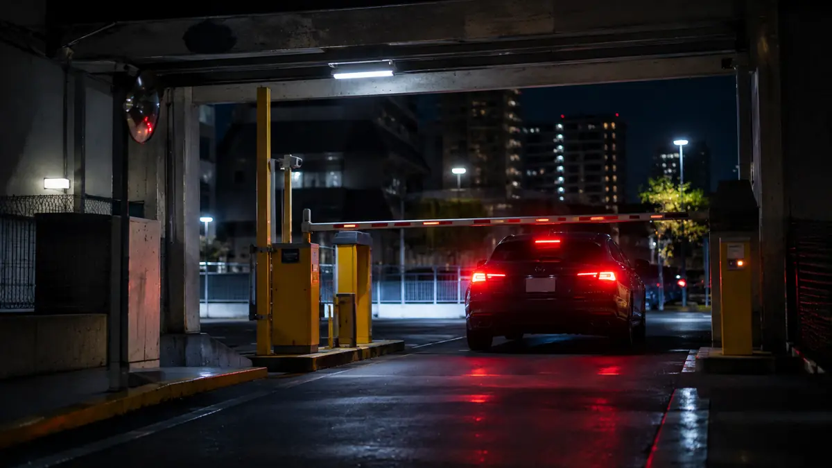 夜、立体駐車場の出口ゲートをテールランプを光らせて出ていく車
