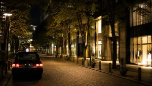 夜の並木通りに停まる黒いタクシーとショーウィンドウの明かり
