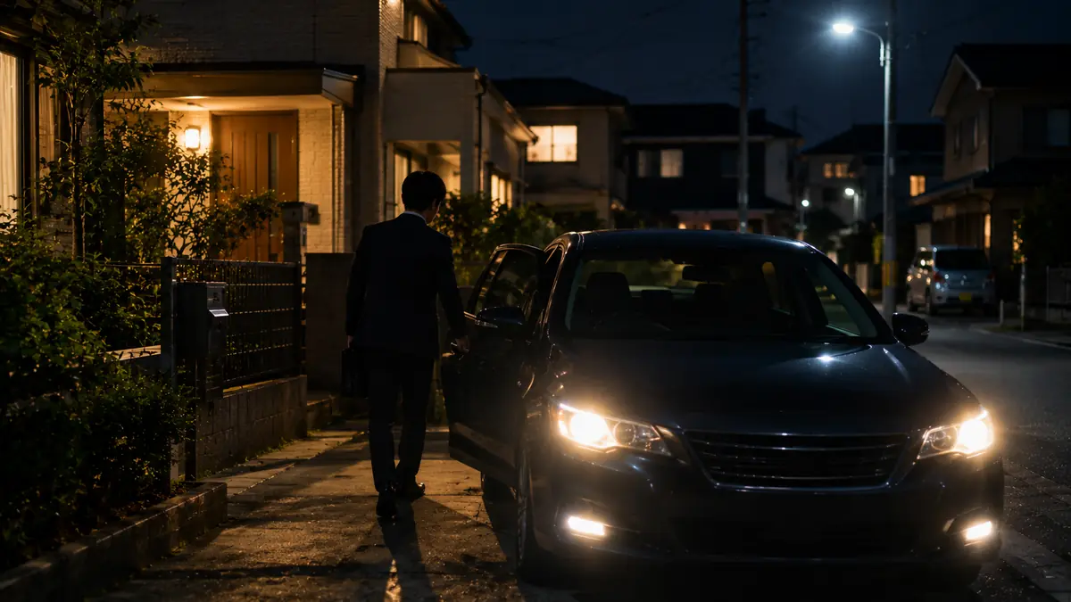 夜、郊外の住宅街で車の運転席のドアを閉めようとするスーツ姿の男性の後ろ姿