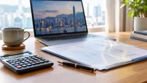 木製デスクに置かれた電卓とクリアファイル、万年筆と、香港のビクトリアハーバーの高層ビル群が映るノートパソコン