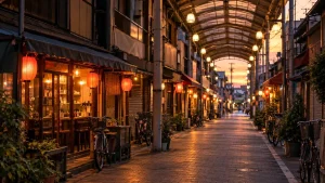 夕暮れの下町のアーケード商店街と赤い提灯、停められた自転車