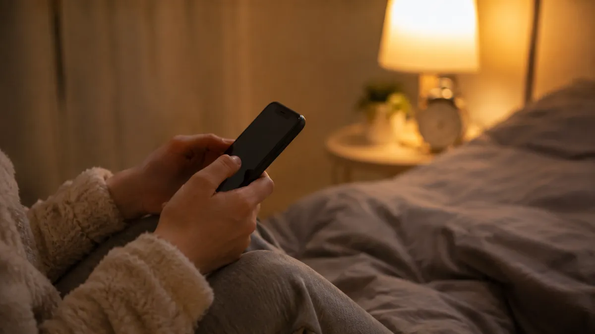夜、ベッドでスマートフォンの画面を見つめる手元