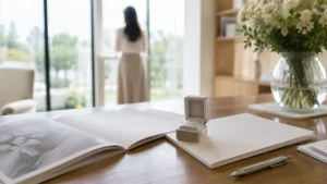結婚式の準備の資料とリングケースが置かれたテーブルと窓辺に立つ人物の後ろ姿