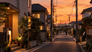 夕暮れの私鉄沿線の戸建て住宅街の道と街灯