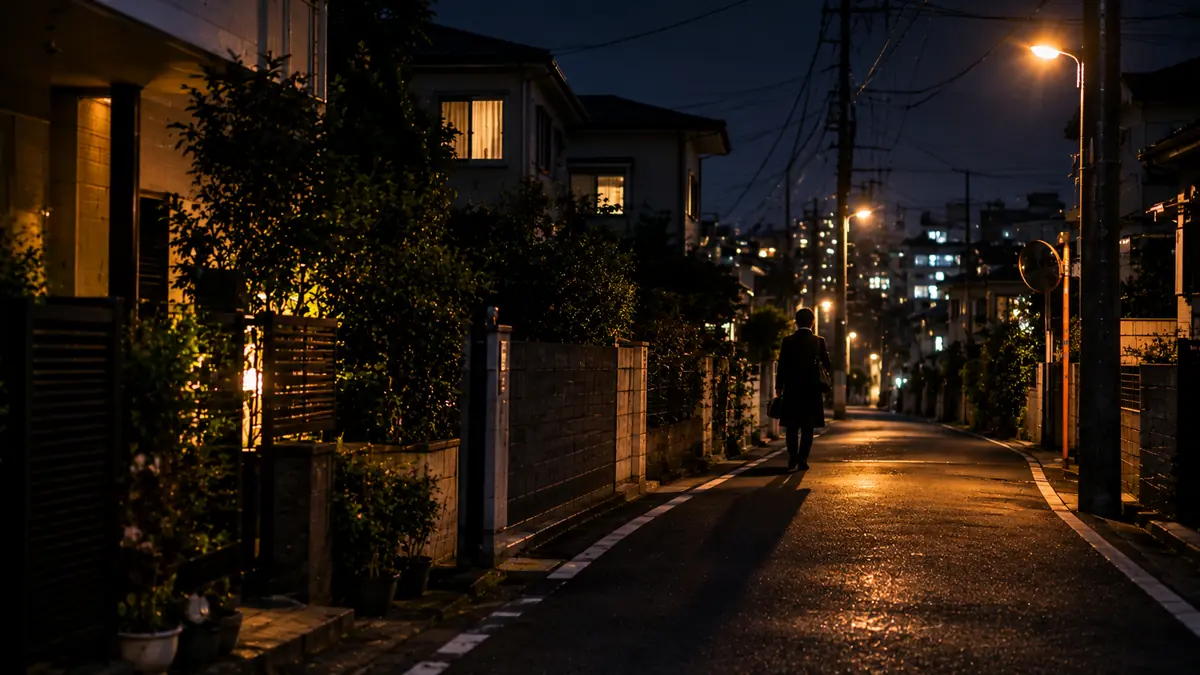 夜、住宅街の道の角を曲がって歩いていく人の後ろ姿