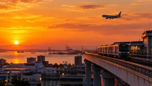 夕方、空港へ向かうモノレールの高架と、その上空を飛ぶ旅客機