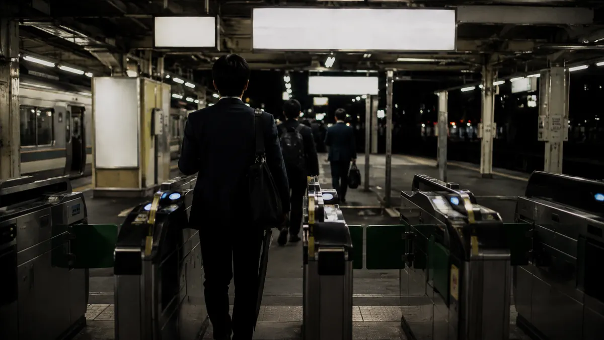 夜遅く、新橋駅の改札を抜けるスーツ姿の会社員の後ろ姿