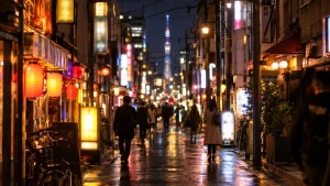 夜の下町の繁華街の通りと、遠くににじむタワーの明かり